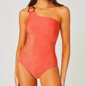 Shoshanna Swimwear Hot Coral Glitter Ring One Shoulder Piece Swimsuit Size 0 P2
